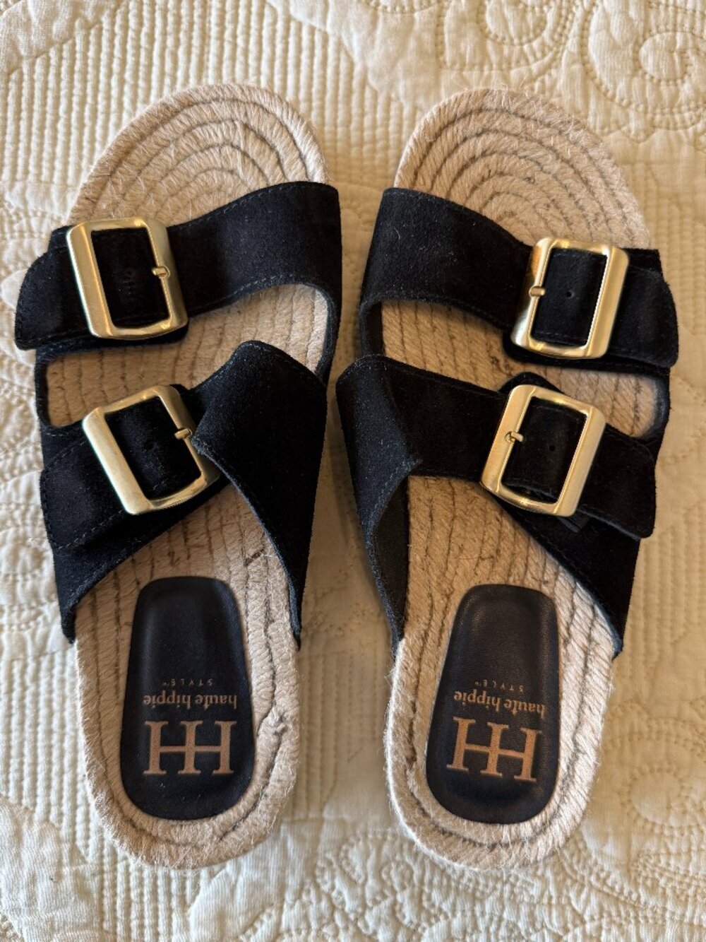 Haute Hippie black suede double-buckle slide sandals. Size 8.5